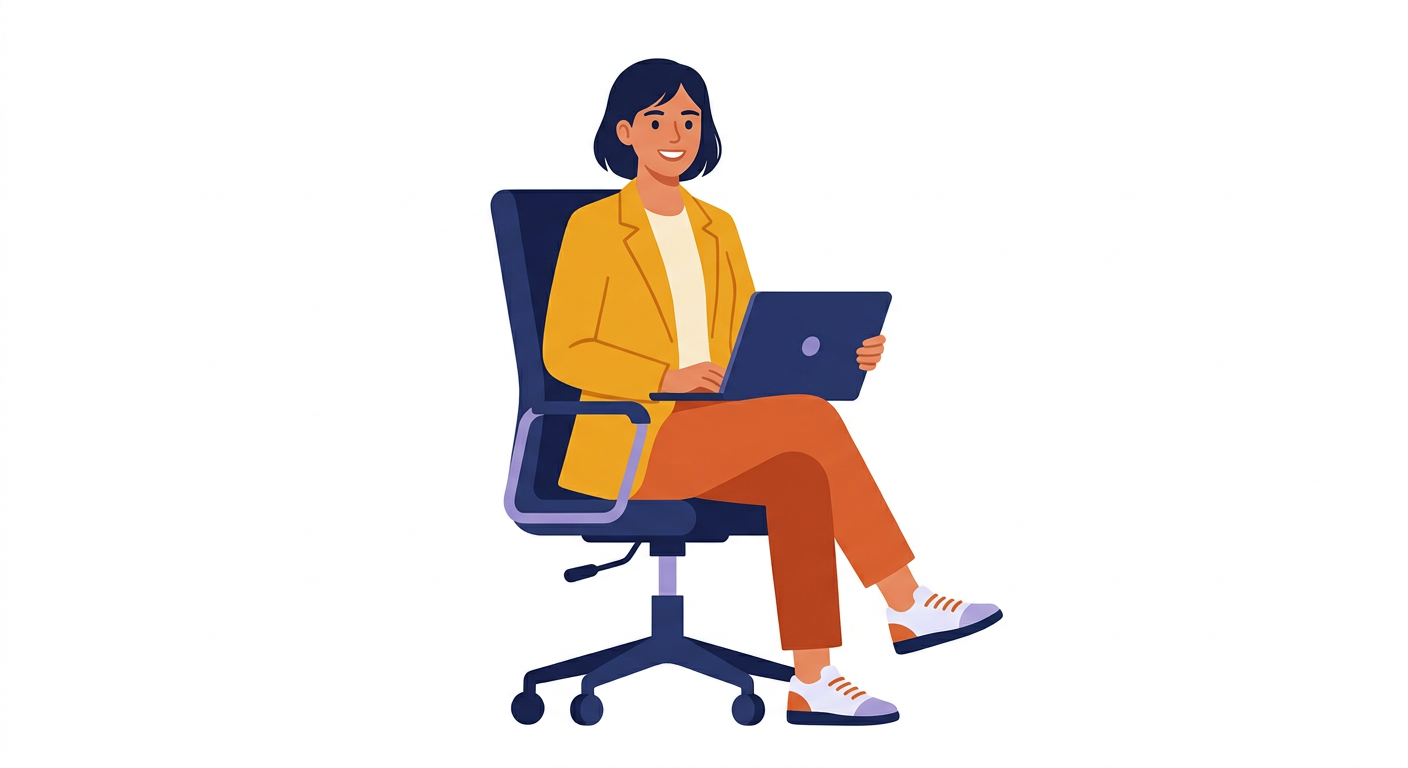 Illustration of a recent graduate working on a laptop in an office chair