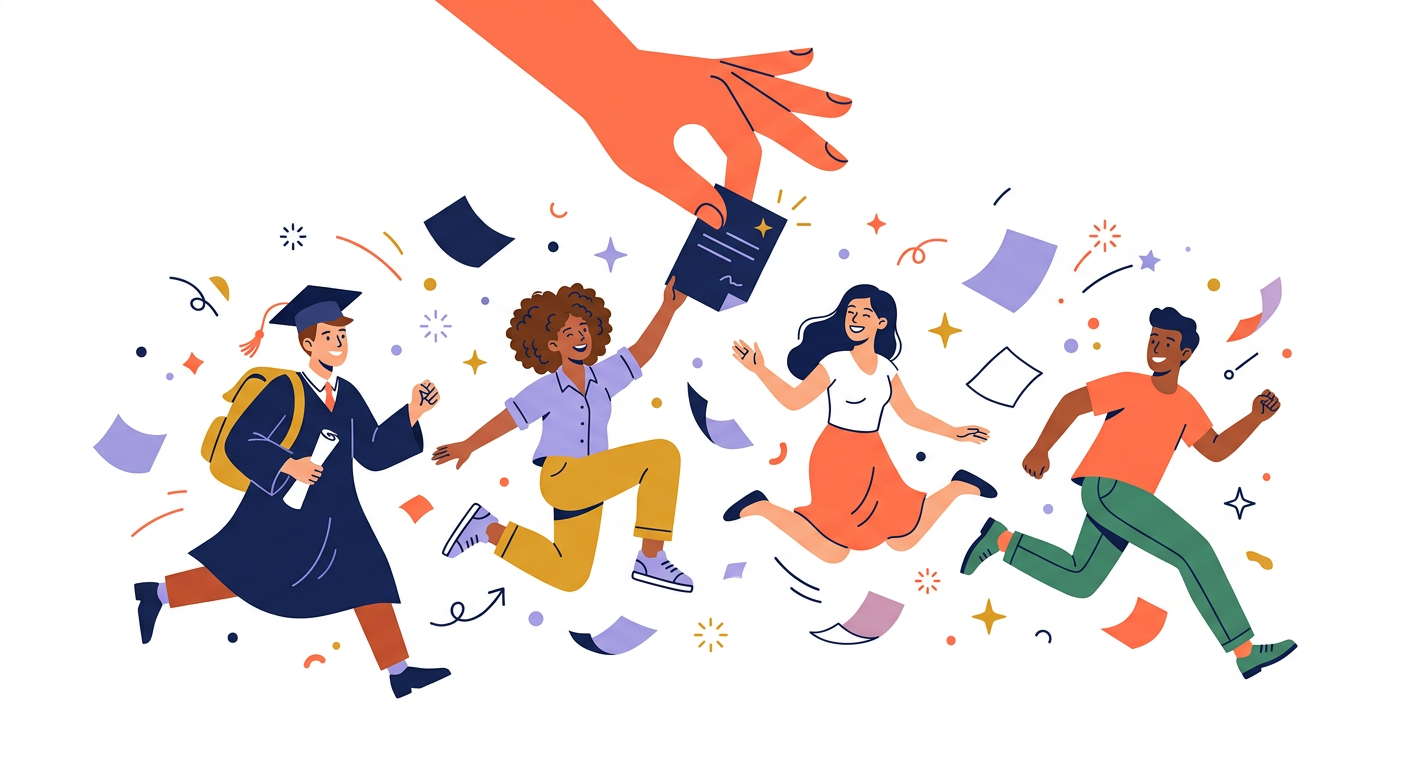 Illustration of four recent graduates leaping toward a sheet of paper held by a giant hand